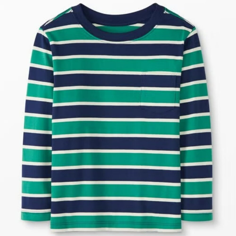 HANNA ANDERSSON Long Sleeve Colton Shirt Blue & Green Stripe - 130 (8) (NWT)